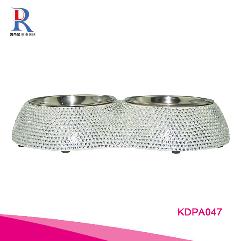 Small MOQ stocked double dog bowl crystal bling stainless steel dog bowl