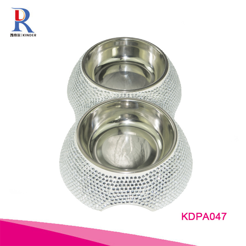 Small MOQ stocked double dog bowl crystal bling stainless steel dog bowl