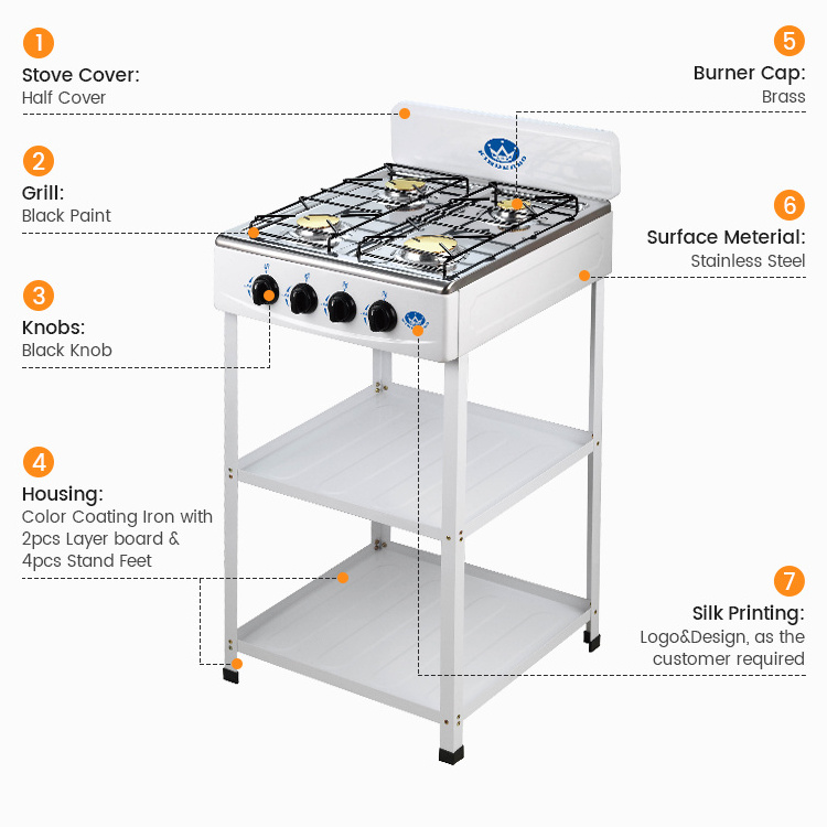 Free Standing Stove 4 Burners Gas Cooktops Gas Cooker with Stand Feet