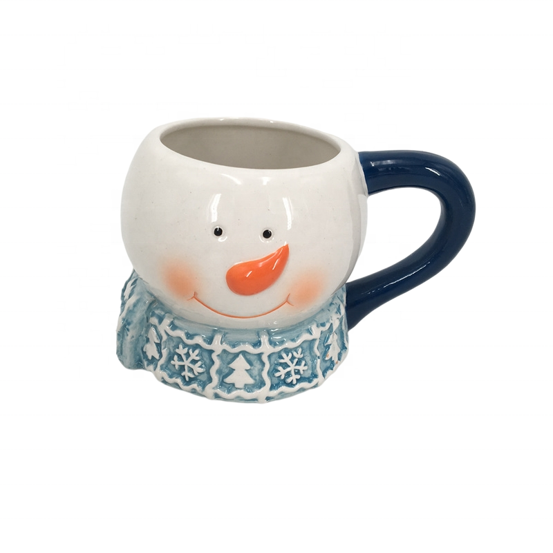 Chubby snowman with red scarf embossed porcelain tall coffee mugs drinking cups with handle ceramic tea cup