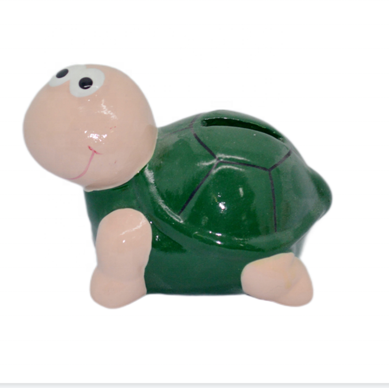 Green turtle statue piggy bank ornament, cute animal ceramic money bank, kids gift coin box jar with rubber stopper