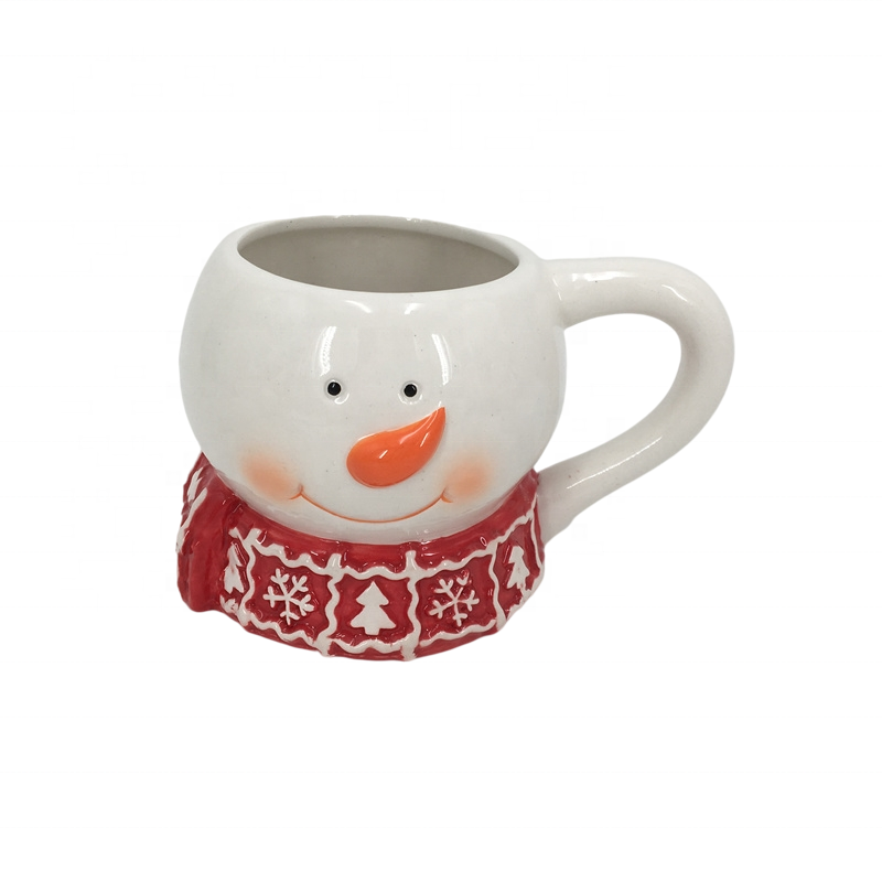 Chubby snowman with red scarf embossed porcelain tall coffee mugs drinking cups with handle ceramic tea cup