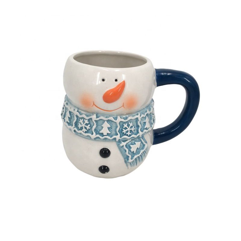 Chubby snowman with red scarf embossed porcelain tall coffee mugs drinking cups with handle ceramic tea cup