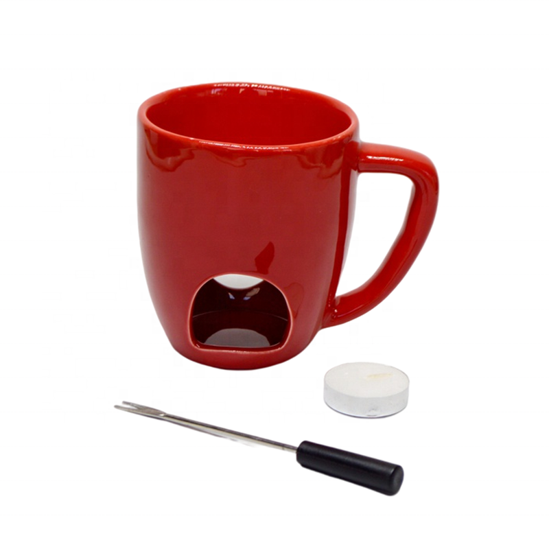 Classic Red Porcelain Fondue Mug Ceramic chocolate cheese fondue Mug cup with tea light and forks