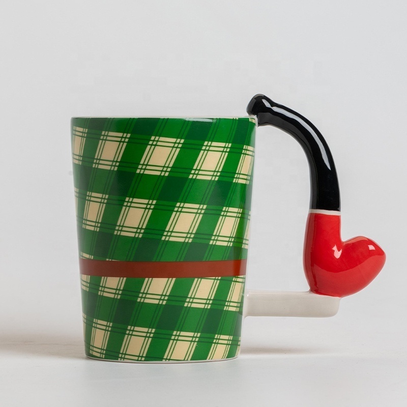 Green lattice ceramic coffee mugs,creative drinking cup with tobacco pipe embossed handle,unique bulk tea cups