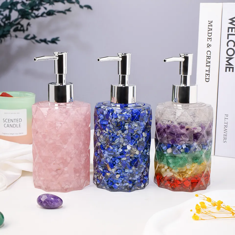 Wholesale natural crystal chips liquid soap bottle unique gemstone bathroom ware