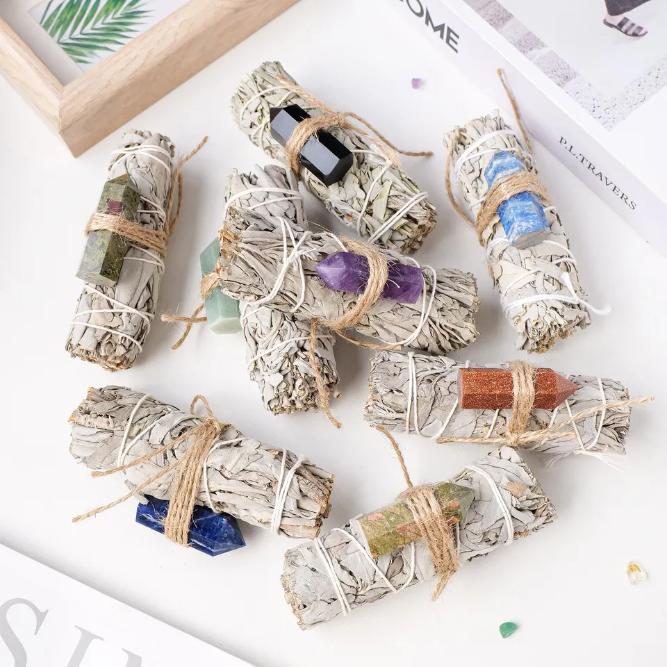 Natural crystal stone with healing white sage and Palo Santo Smudge Stick set for Yoga meditation