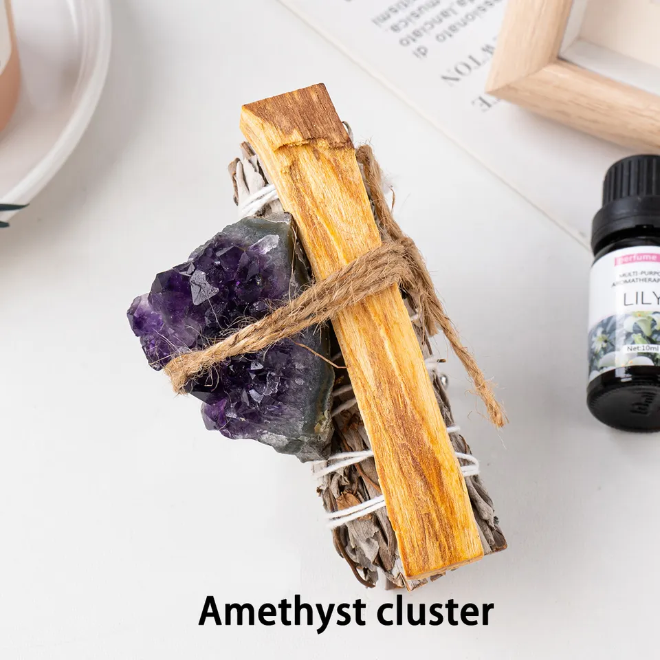 Natural crystal stone with healing white sage and Palo Santo Smudge Stick set for Yoga meditation