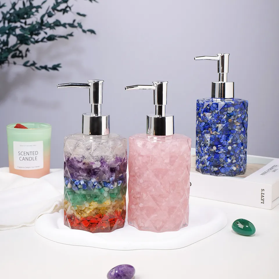 Wholesale natural crystal chips liquid soap bottle unique gemstone bathroom ware