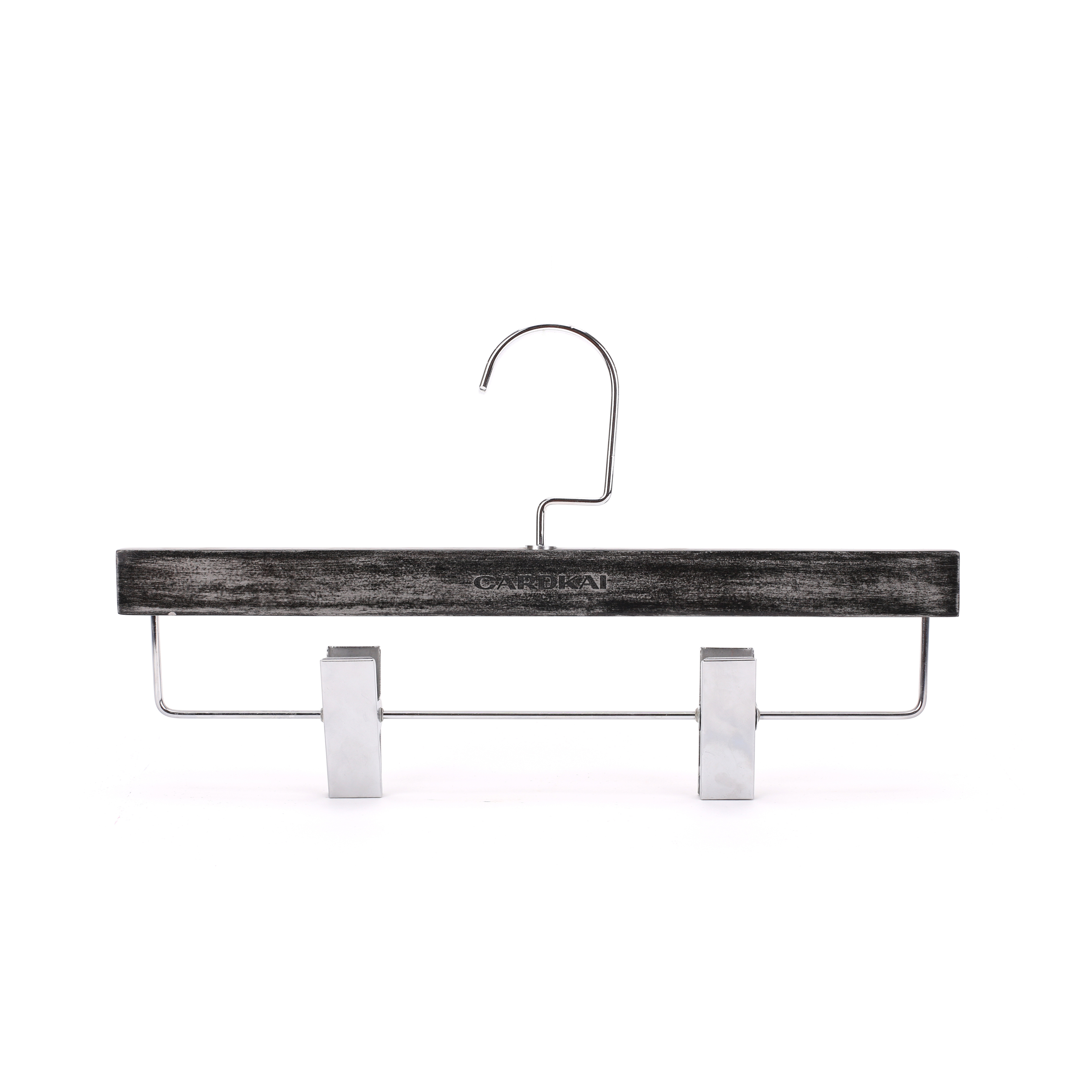 Kindome Good quality water washed black excellent luxury clothes wood metal bottom hook hanger with clips for clothes