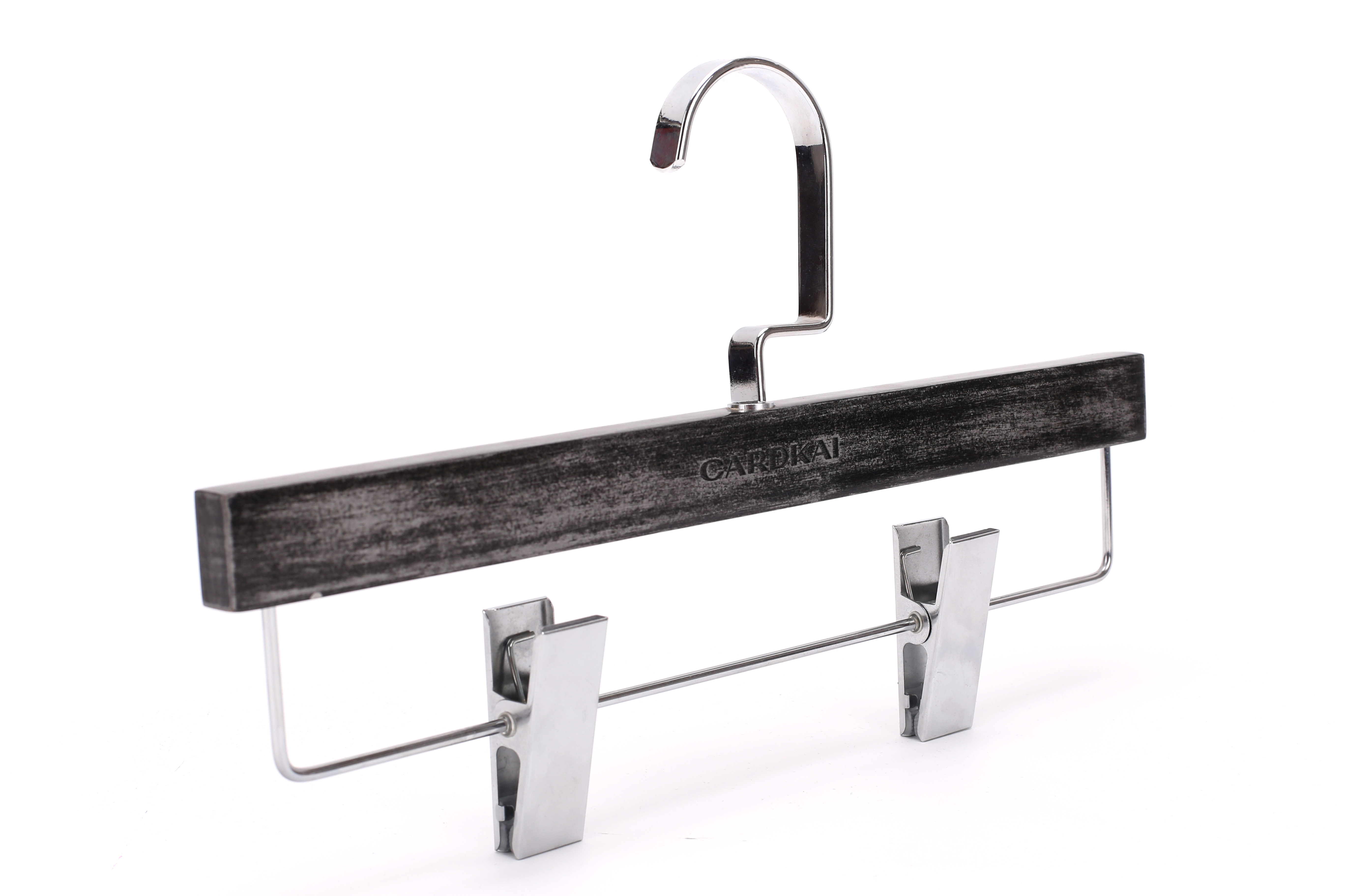 Kindome Good quality water washed black excellent luxury clothes wood metal bottom hook hanger with clips for clothes