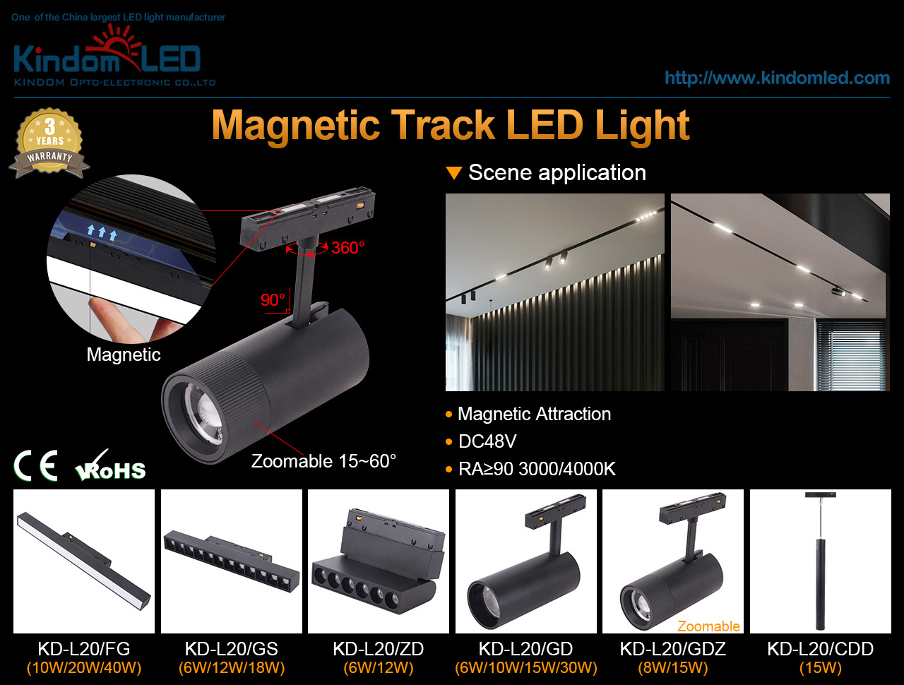 RA90 1m 2m 3m 2 Wires  Linear Ceiling Recessed Complete Led adjustable led 20 48v magnetic track light