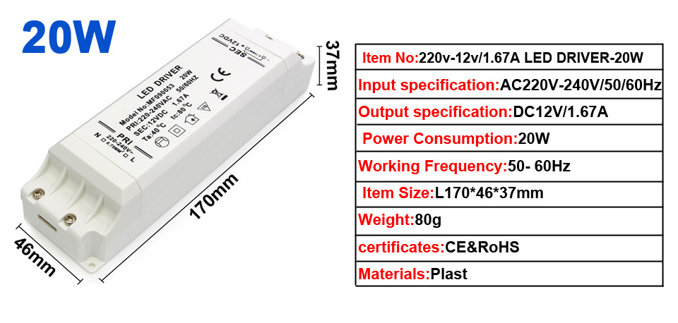 High quality AC230 Covert to DC24V led driver Constant voltage 20w led bulb driver