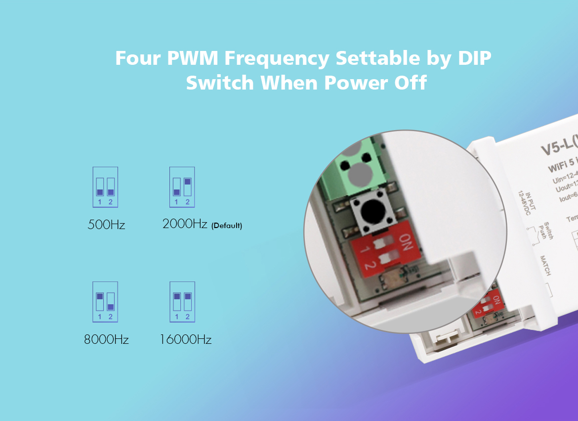 V5-L(WT) WiFi & RF Controller 5in1 5 Channel Dimmer 12-48VDC Google Home Alexa Push Dim LED Dimmer