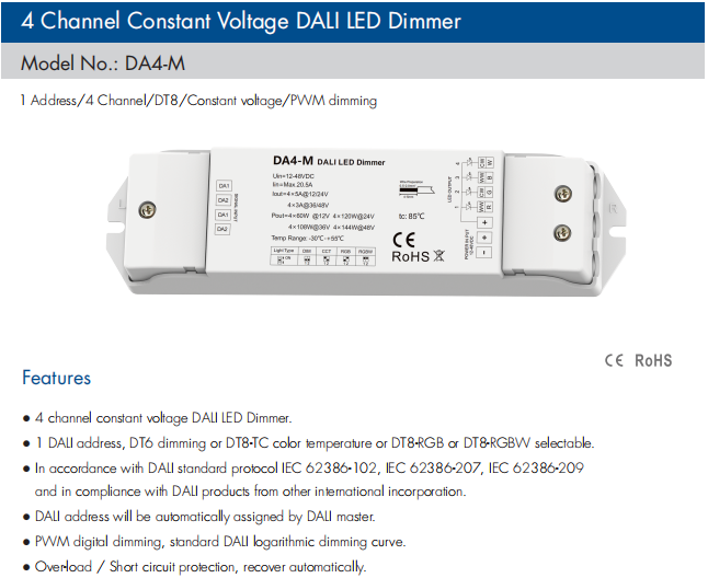 DA4-M 4 Channel Constant Voltage DALI LED Dimmer DT6 dimming DT8 CCT RGB RGBW DALI LED controller