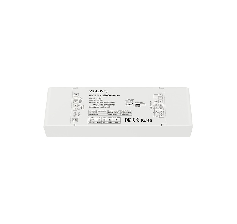 V5-L(WT) WiFi & RF Controller 5in1 5 Channel Dimmer 12-48VDC Google Home Alexa Push Dim LED Dimmer