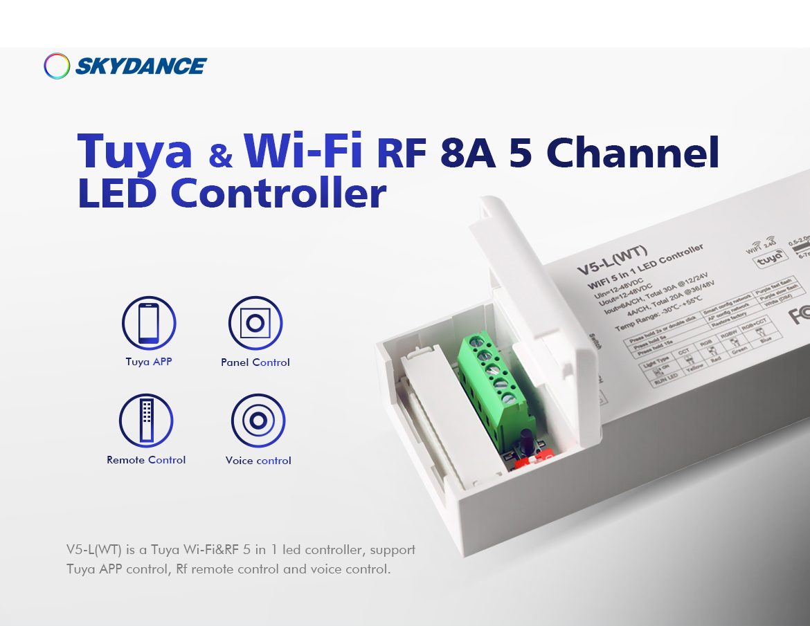 V5-L(WT) WiFi & RF Controller 5in1 5 Channel Dimmer 12-48VDC Google Home Alexa Push Dim LED Dimmer