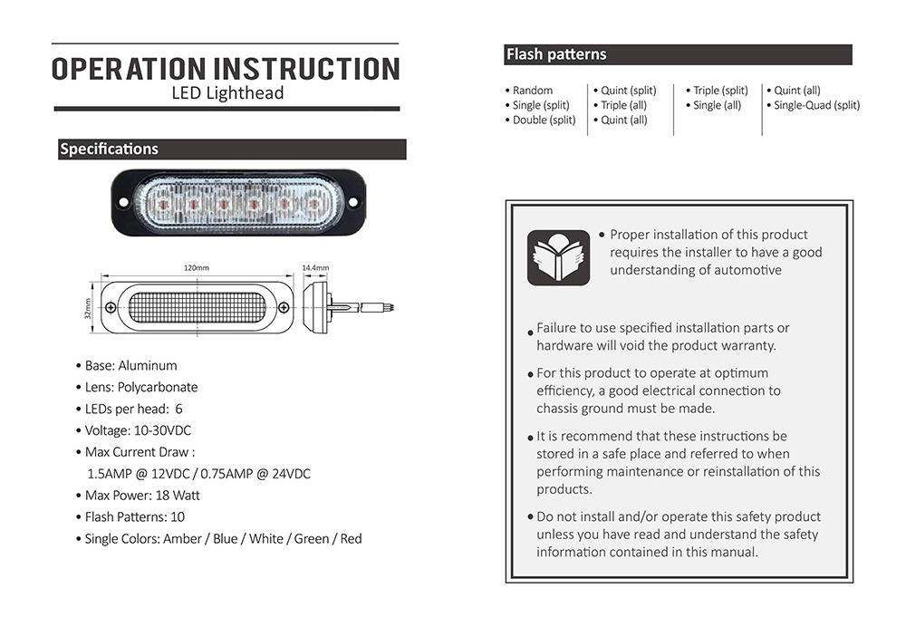 ECE R65 R10 SAE J595 SAE W-1 approved Ultra slim red blue amber white green 6 LED strobe lighthead grille light LTD661BR