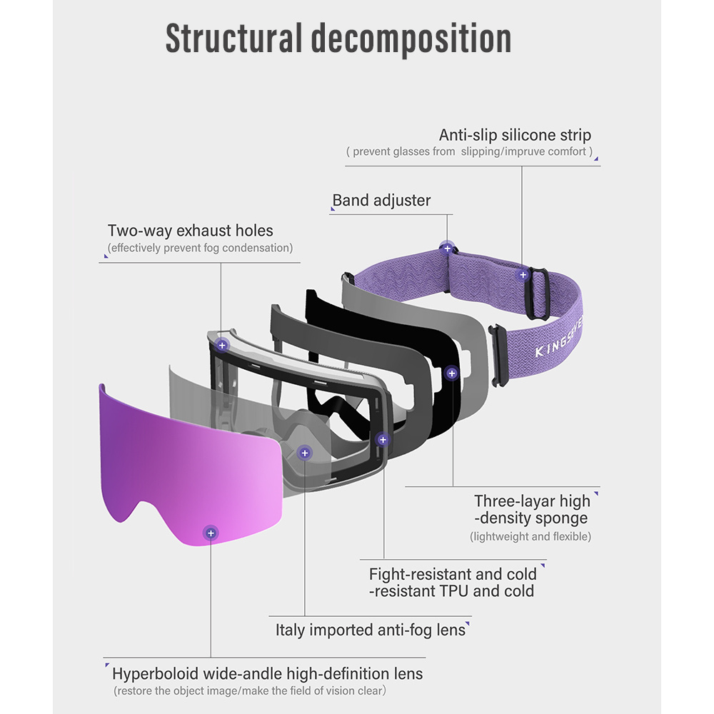 KINGSEVEN Brand Newest Ski Glasses UV400 Protection Sport Snow Board Eyewear Anti Fog Skiing Goggles Strap Magnetic Lens 9802