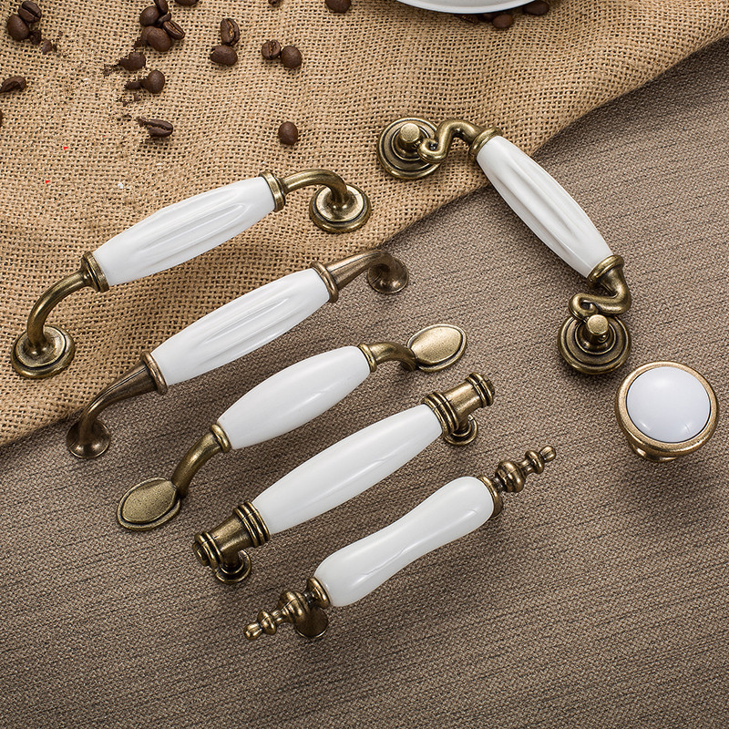 Cabinet Handles Drawer Knobs Wardrobe Door Furniture Hardware Zinc Alloy Antique Bronze Ceramic White Handle