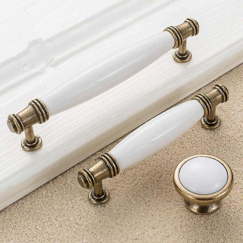 Cabinet Handles Drawer Knobs Wardrobe Door Furniture Hardware Zinc Alloy Antique Bronze Ceramic White Handle