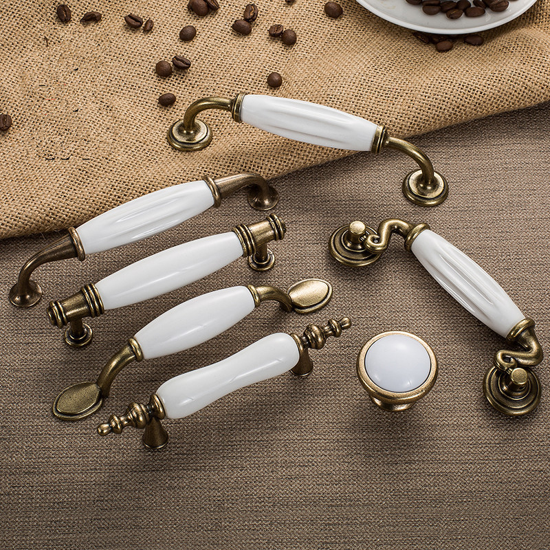 Cabinet Handles Drawer Knobs Wardrobe Door Furniture Hardware Zinc Alloy Antique Bronze Ceramic White Handle