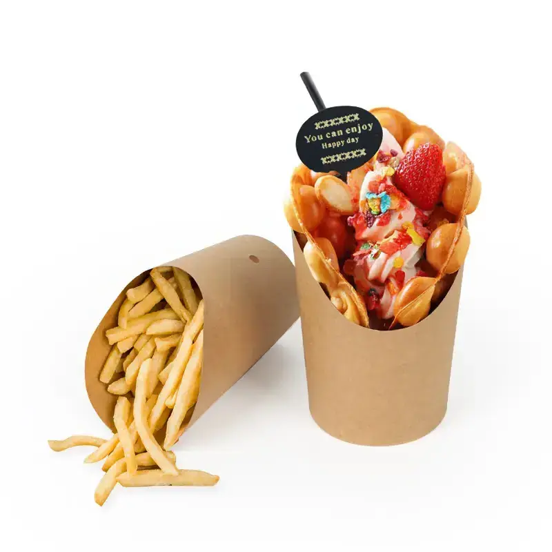 Custom Printed Single Wall Kraft French Fries Paper Cup French Fry Cup Disposable Egg Waffle Holder French Fries Chip Cup