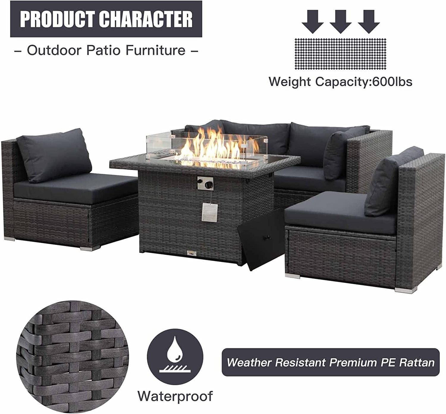 Outdoor Patio Furniture Sectional Sofa Sets with Fire Pit Table Dual Heat Outside Conversation Sets