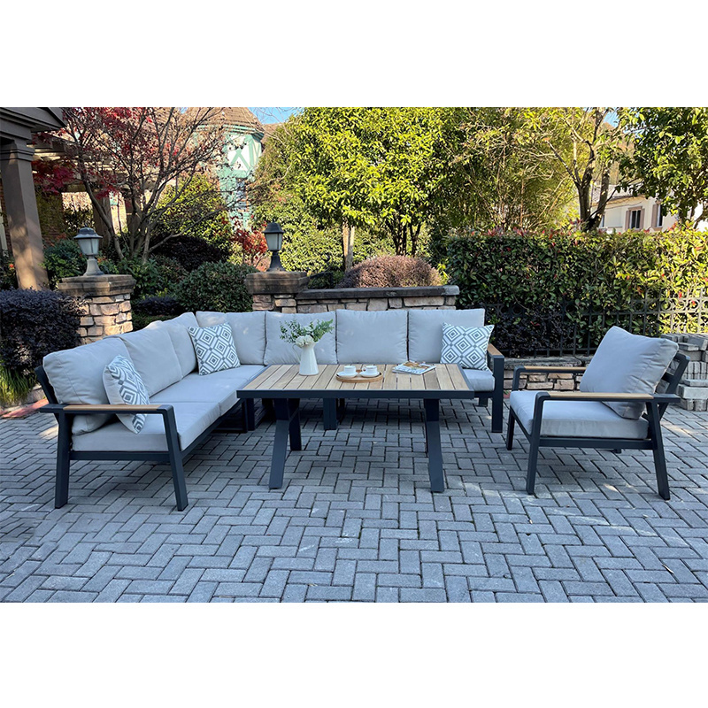 2021 KD design patio furniture sets aluminum outdoor sectional sofa with teak wood