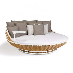 Popular Wicker round outdoor chaise lounge double sunbed with cushion