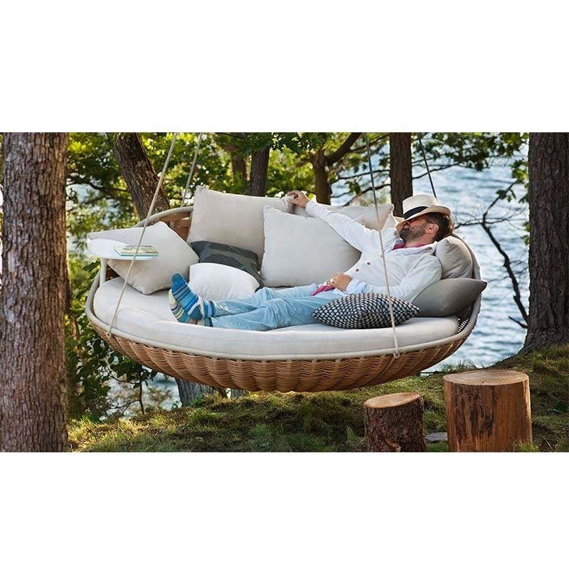 Popular Wicker round outdoor chaise lounge double sunbed with cushion