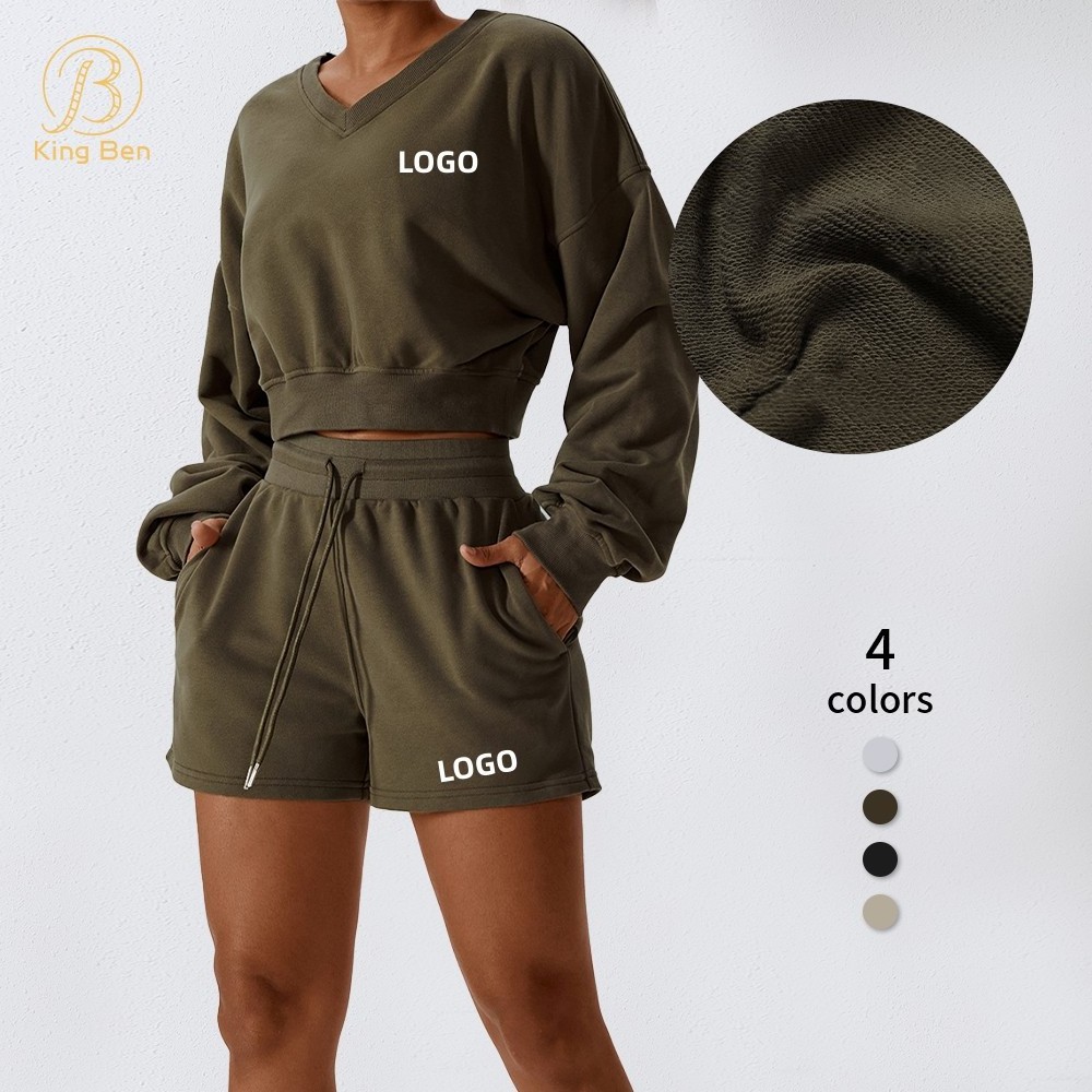 Wholesale Women Sportswear Clothing V-neck Pullover Crop Tops Drawstring Shorts Casual Outfit Tracksuit Workout Sets For Women