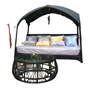 New Design of Rattan Sunbed with Canopy Beach Wicker Rattan Day Beds Used Outdoor Furniture