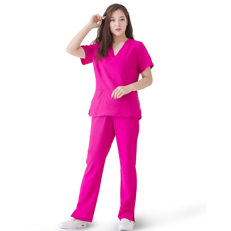 Women Nurse Scrubs 2 Pockets Round Neck Scrub Top with 5 Pockets Drawstring Pants Set