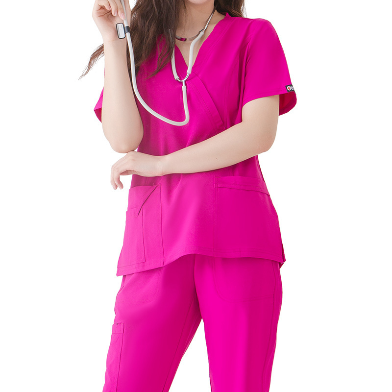 Women Nurse Scrubs 2 Pockets Round Neck Scrub Top with 5 Pockets Drawstring Pants Set