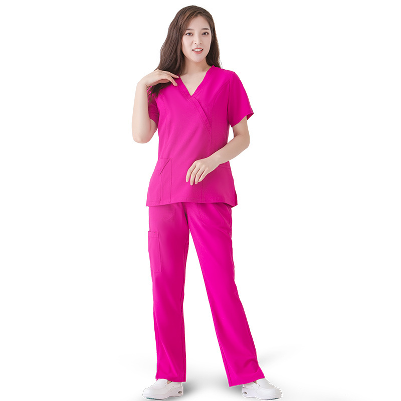 Women Nurse Scrubs 2 Pockets Round Neck Scrub Top with 5 Pockets Drawstring Pants Set