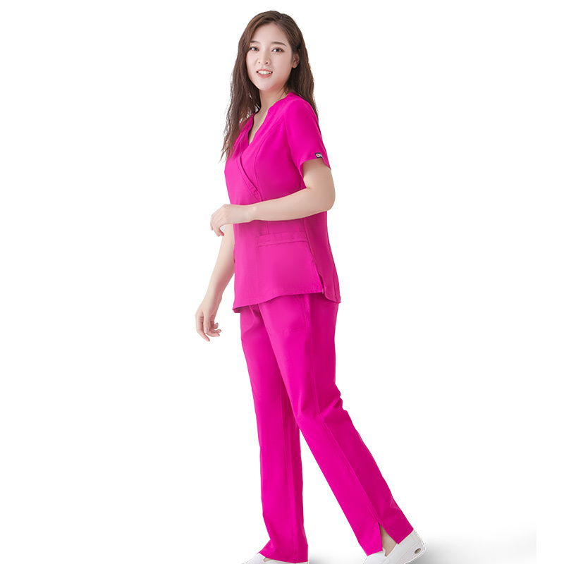 Women Nurse Scrubs 2 Pockets Round Neck Scrub Top with 5 Pockets Drawstring Pants Set