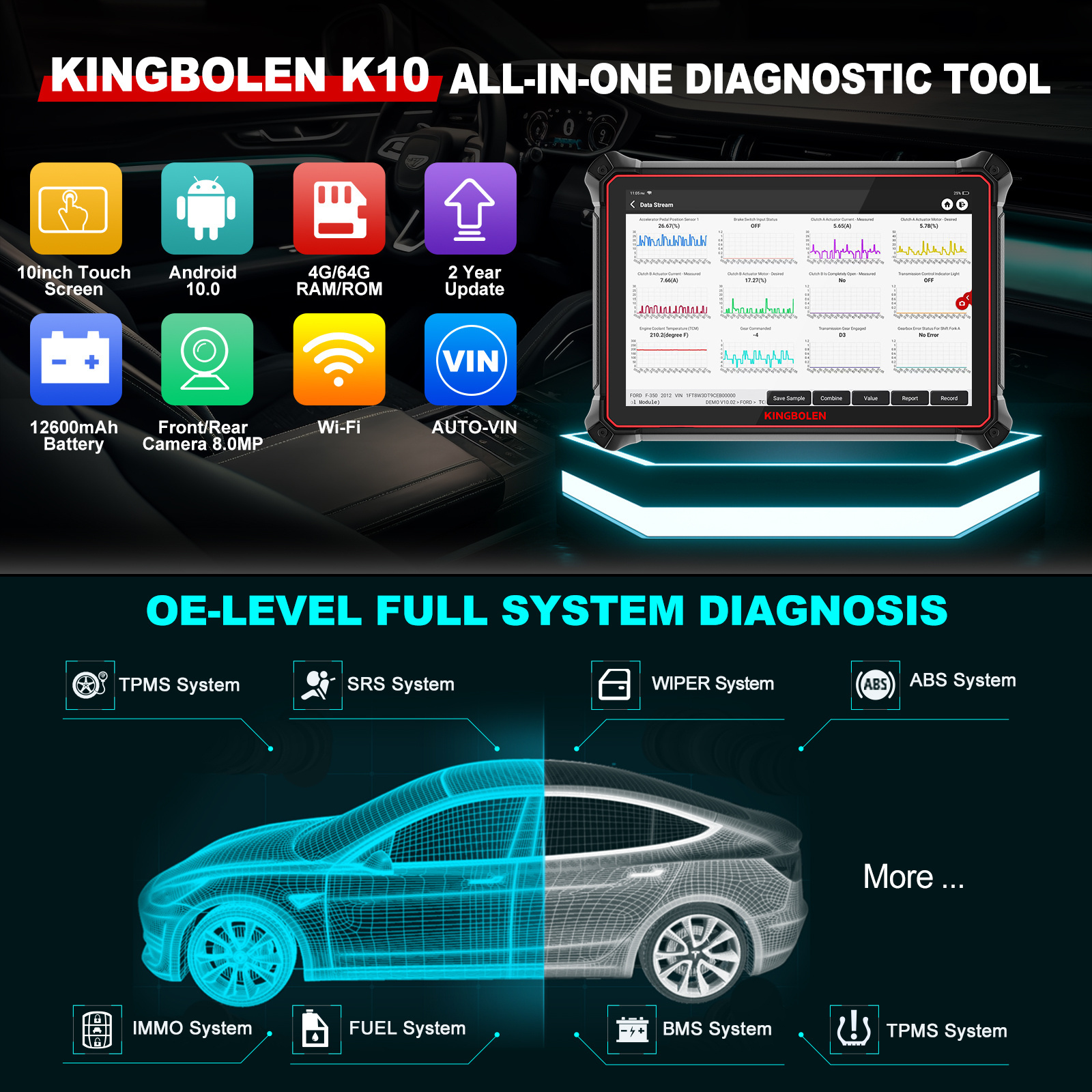 KINGBOLEN K10 Full Systems Bidirectional Scan Tool Bluetooth Obd2 Scanner Topology Map 41+ Reset Functions ECU Coding Machine