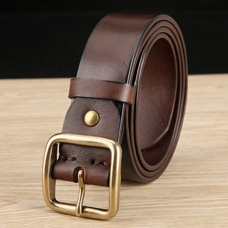 Vintage retro men's copper buckle pin buckle belt leather leather fashion casual belt