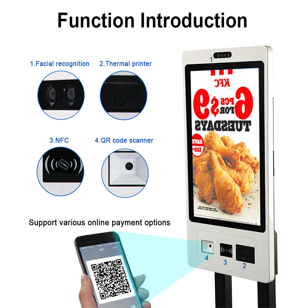 Fast Food Restaurant Free Standing Payment Kiosks with Printer Scanner and Camera Self Checkout Kiosk Machine