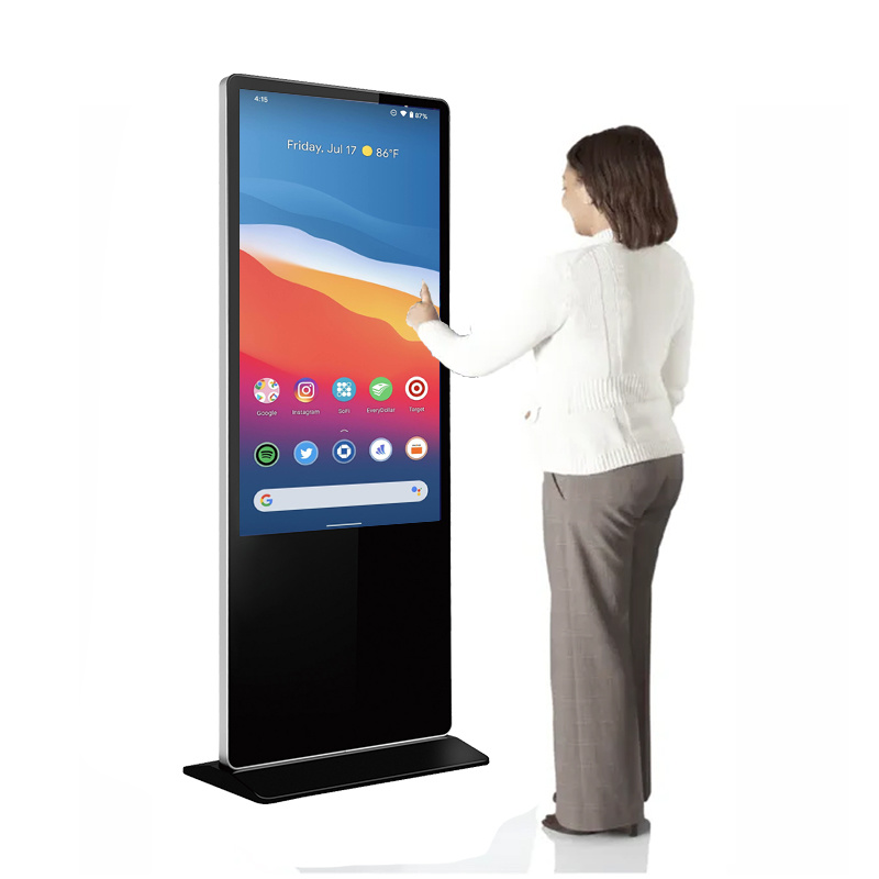 55 inch Indoor Silver Vertical Screen Internet Advertising Displays Freestanding Digital Signage Totem Touch Screen Interactive