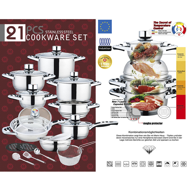 21Pcs High quality stainless steel cookware set saucepan and pot