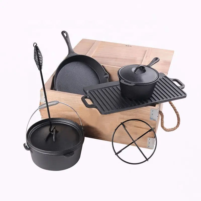 Outdoor camping hiking cooking cookware tableware cookware 7 pcs cast iron fried pot set