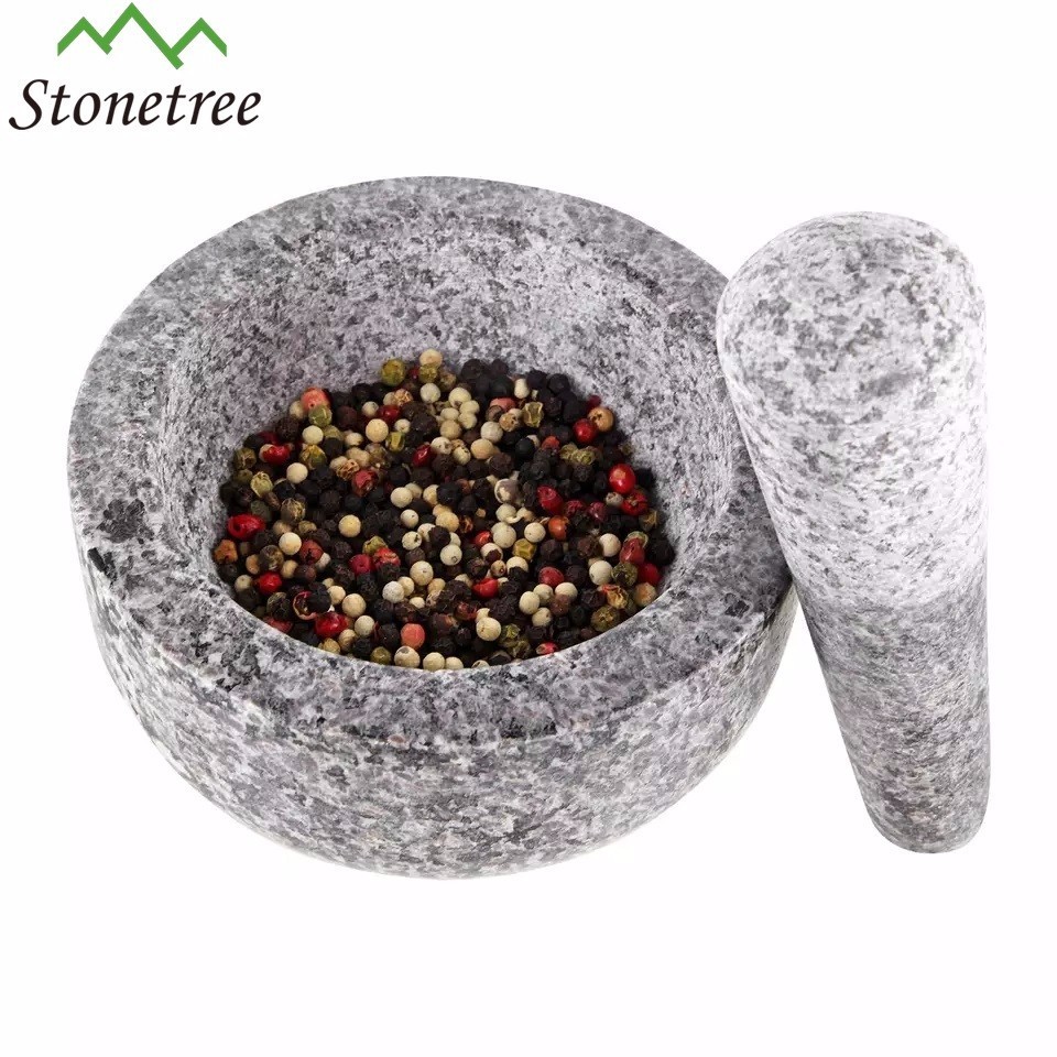 Granite Mortar and Pestle Set Guacamole Bowl Molcajete Natural Stone Grinder for Spices, Seasonings, Pastes, Pestos & Guacamole