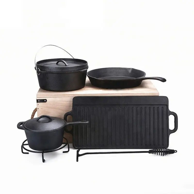 Outdoor camping hiking cooking cookware tableware cookware 7 pcs cast iron fried pot set