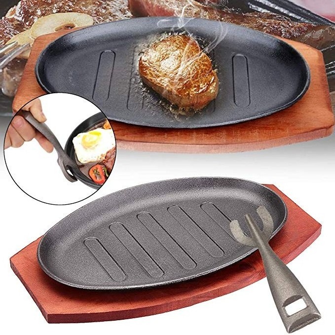 Cast Iron Cookware frying pan skillet Cooking steak plate cast iron grill pan sizzling hot plate with wooden base