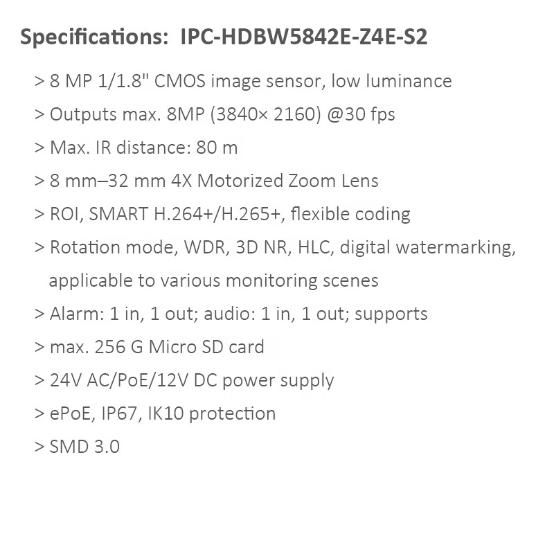 da hua IPC-HFW5842E-Z4E IP67 H.265 80m IR Motorized Vari-focal lens face detection vandal-proof dome ip 8mp 4k outdoor camera