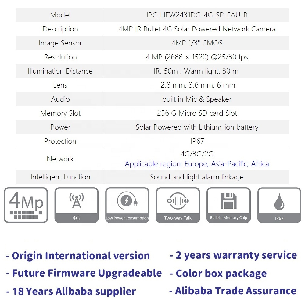 IPC-HFW2431DG-4G-SP-EAU-B Da hua Outdoor 4MP PIR Detection built-in Mic Speaker Lithium Battery LTE 4G solar powered ip camera