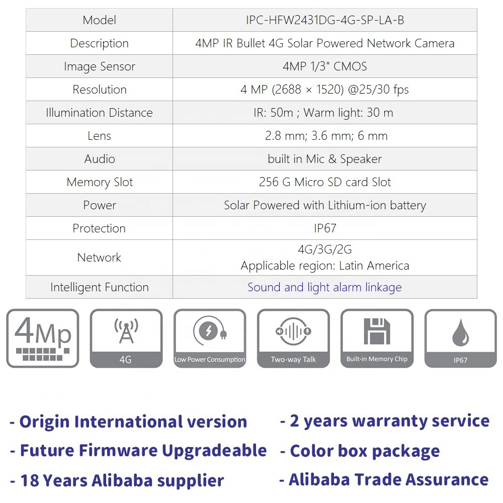 IPC-HFW2431DG-4G-SP-LA-B 4Mp Outdoor built-in Mic Speaker Two way Talk Da hua Lithium Battery 4G solar powered ip camera