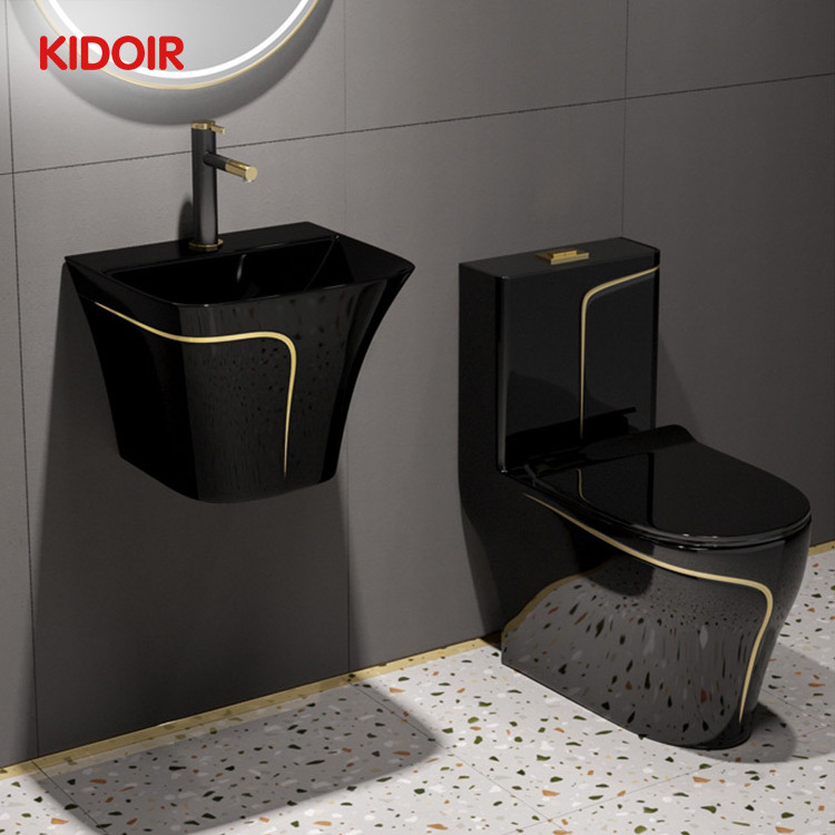 Kidoir Inodoros Modernos Luxury Gold Black Porcelain Water Closet Ceramic One Piece Bathroom Wc Bowl Toilets with hung washbasin